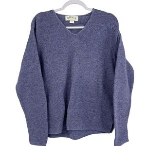Orvis Womens V-Neck Sweater Blue Marl Cotton Blend Garter Knit Made in USA L